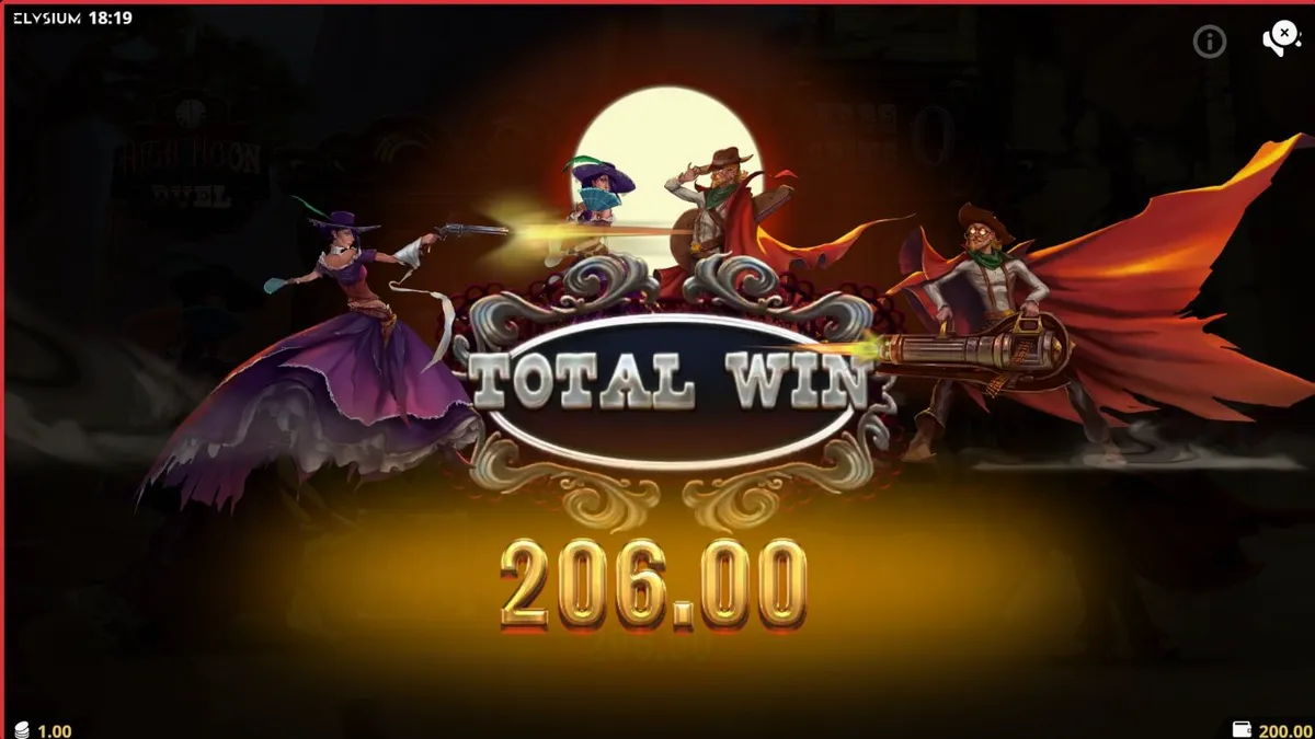 Pemandangan duel Wild West di slot High Noon Duel dengan karakter Pistol Belle dan The Iron Cowboy.